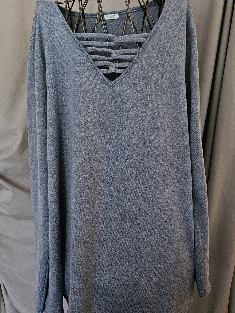 Studio 1886 Women's V-Neck Gray Sweater with Lattice Front